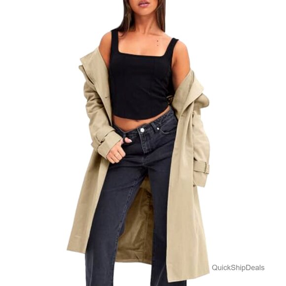 Women's Double Breasted Trench Coat Windproof Long Lapel Belted Overcoat - Picture 2 of 7